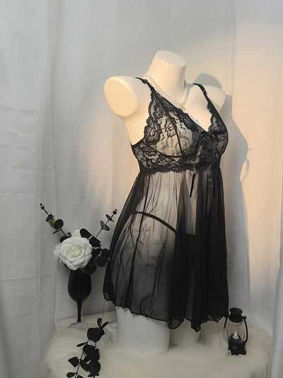 Sheer Lace-Trim Babydoll Lingerie Set