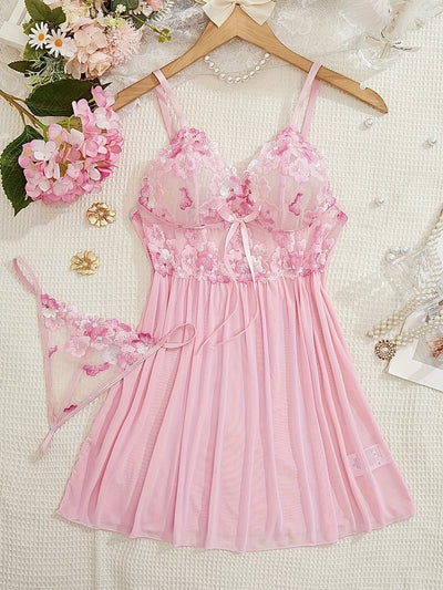 Floral Embroidery Mesh Babydoll Lingerie Set