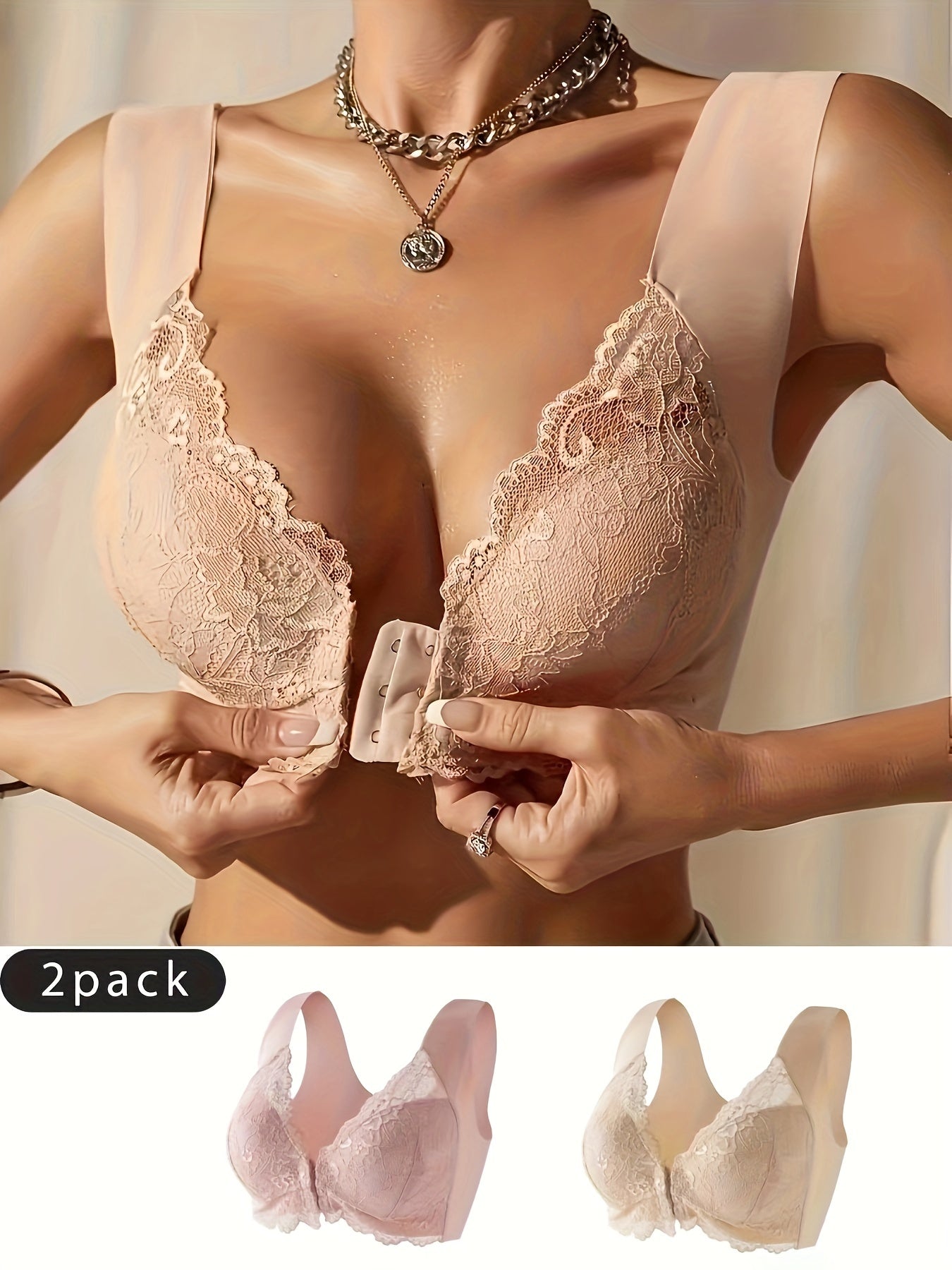 2PCS Front Opening Lace Bra