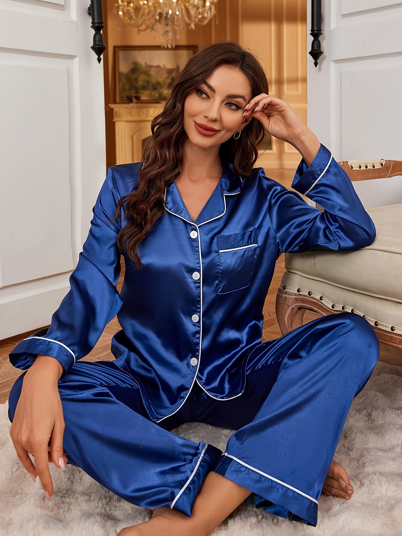 Silk Night Suit - Long Sleeve with Pockets