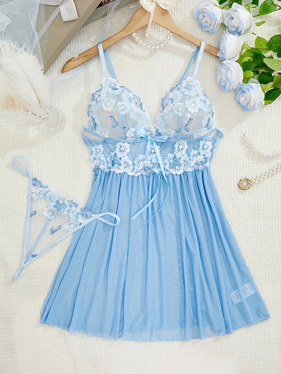 Floral Embroidery Mesh Babydoll Lingerie Set