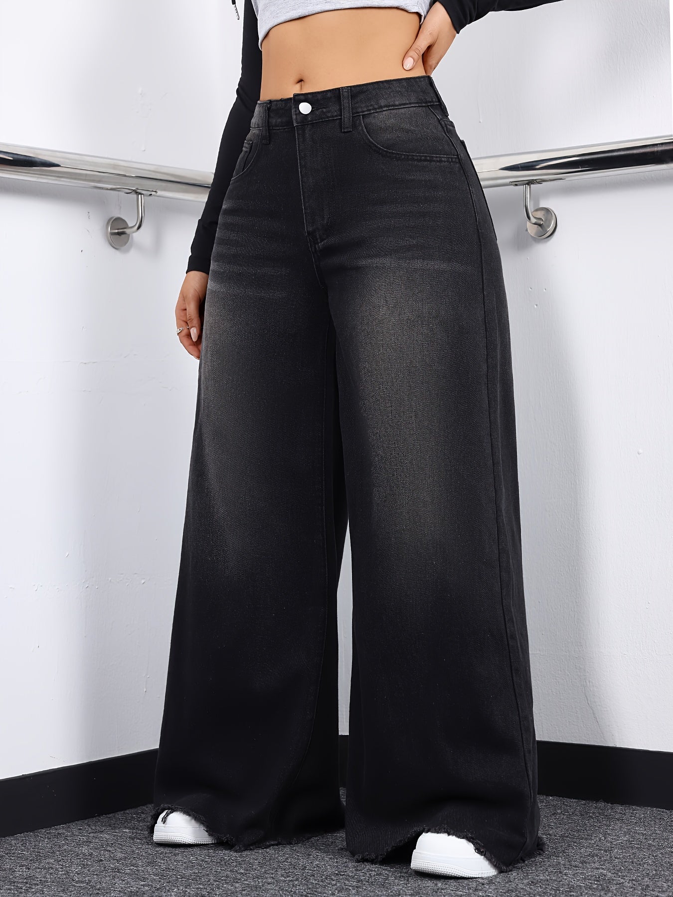 Raw Hem Wide Leg Washed Denim Pants