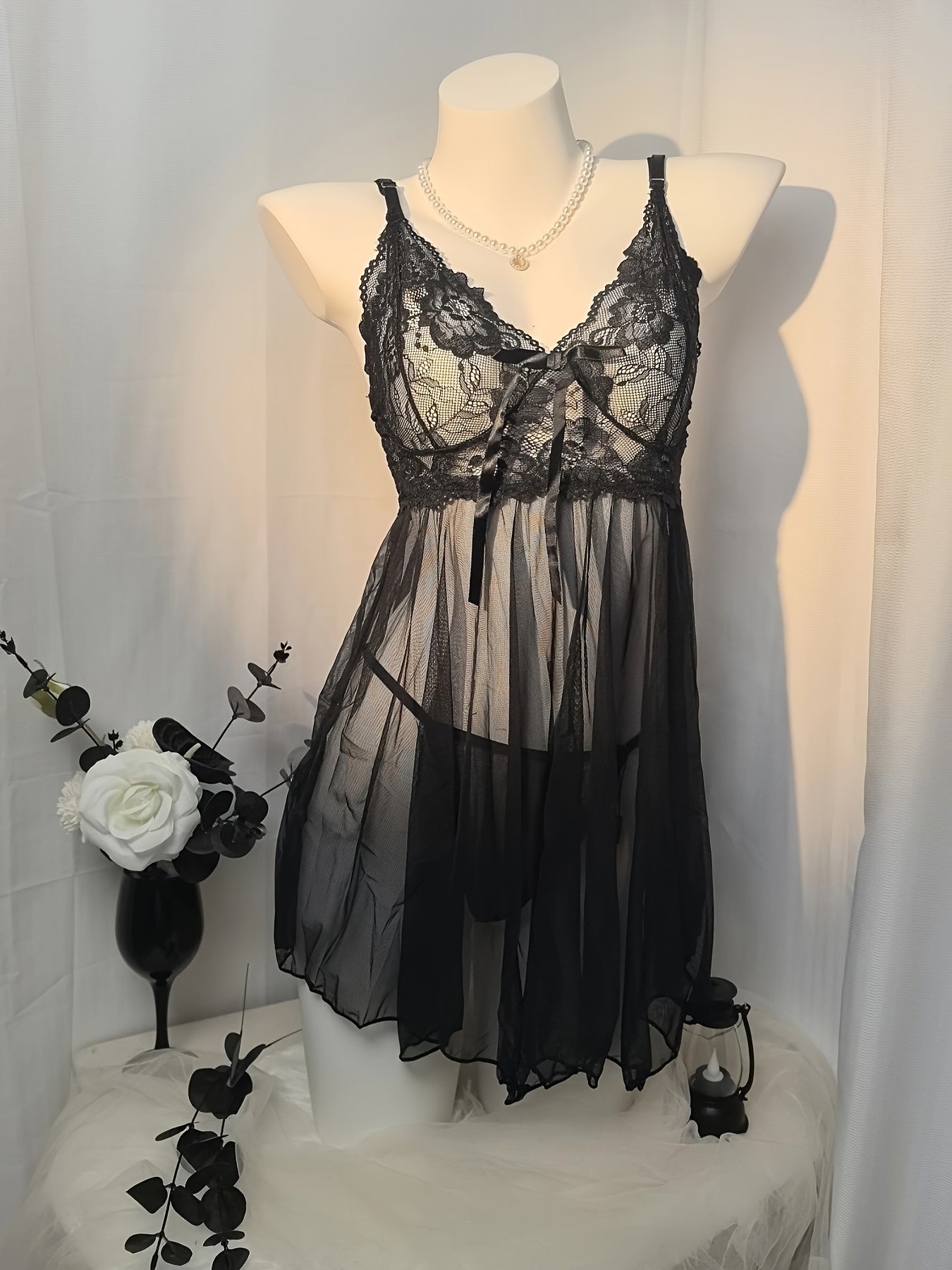 Sheer Lace-Trim Babydoll Lingerie Set