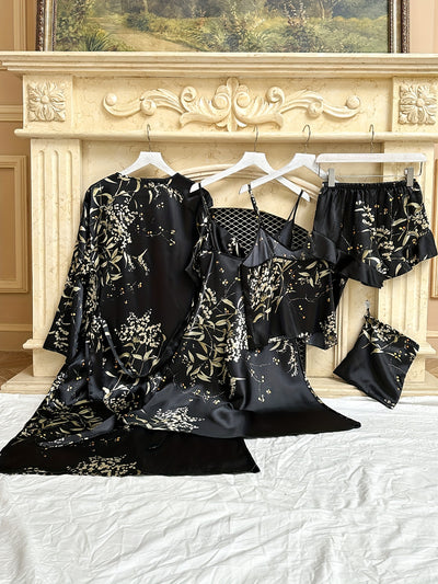 5pcs Cherry Blossom Satin Robe Pajama Set