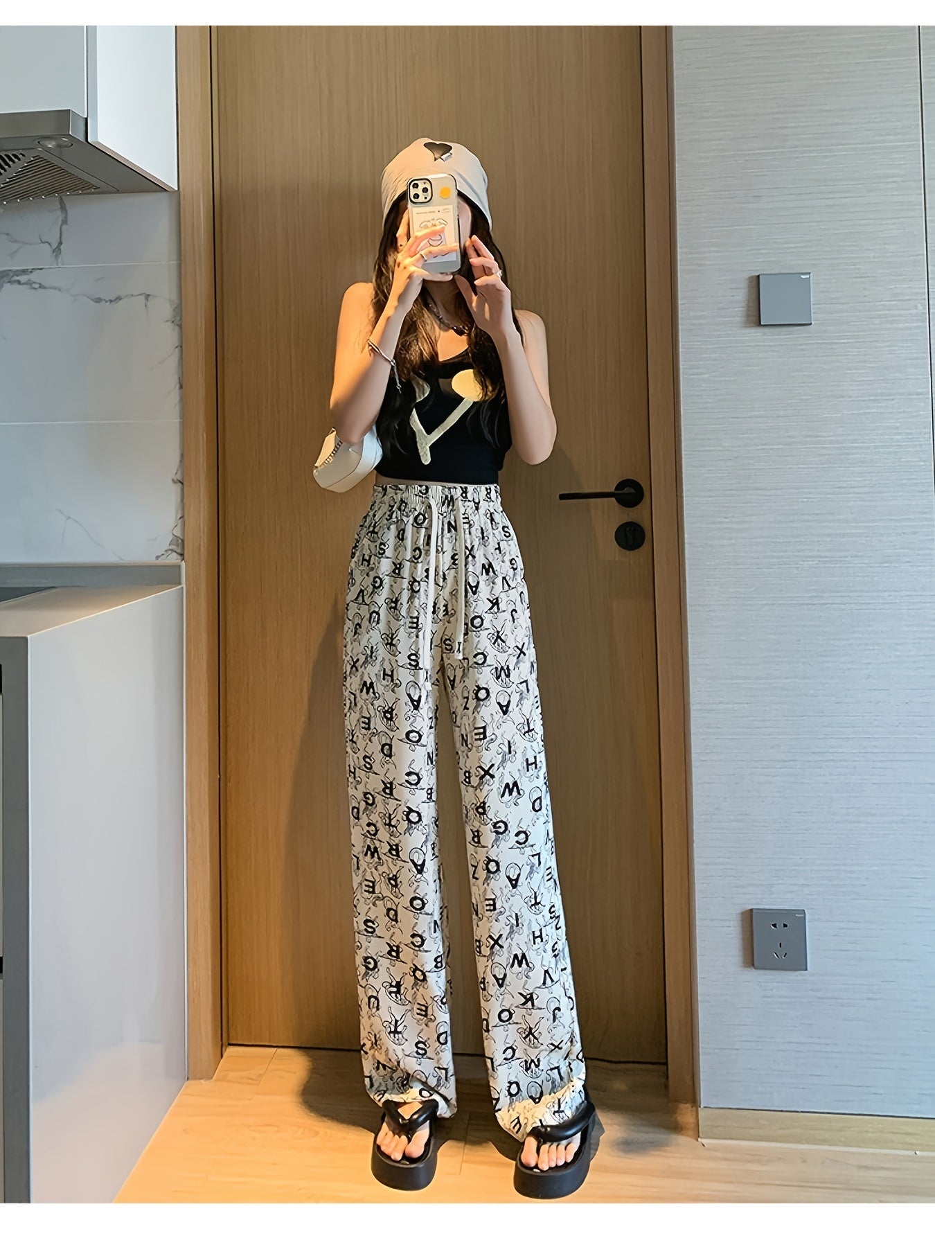 Trendy Letter Print Straight Leg Pants Women