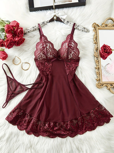 Sexy Lace Babydoll Pajama Set Burgundy