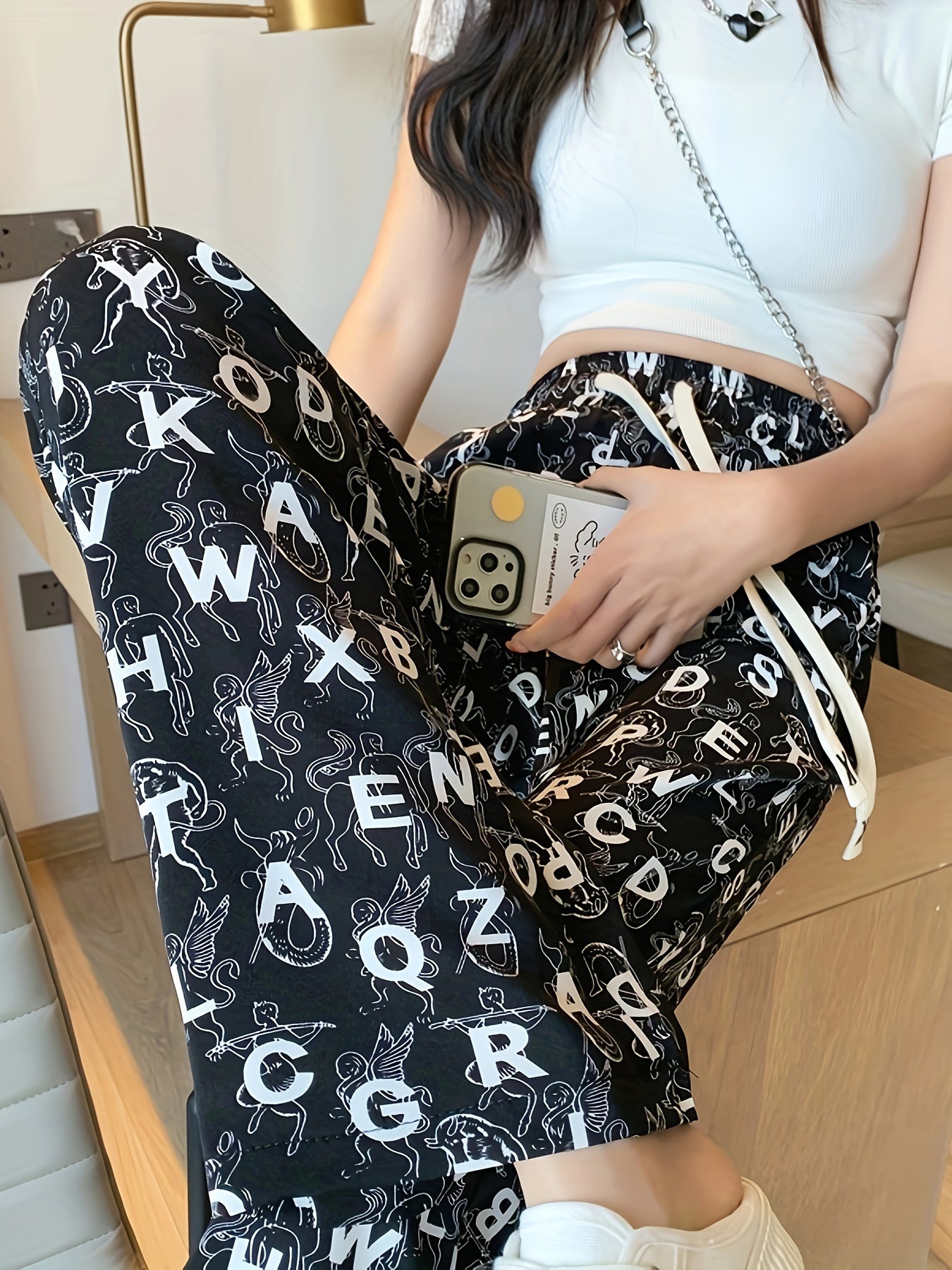 Trendy Letter Print Straight Leg Pants Women