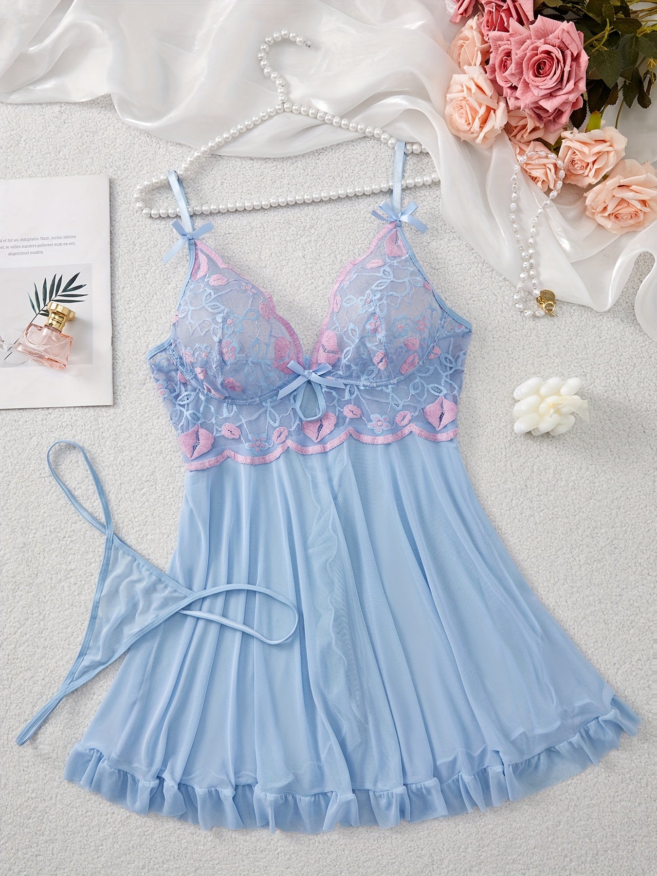 Plus Size Kiss Embroidered Babydoll Lingerie Set