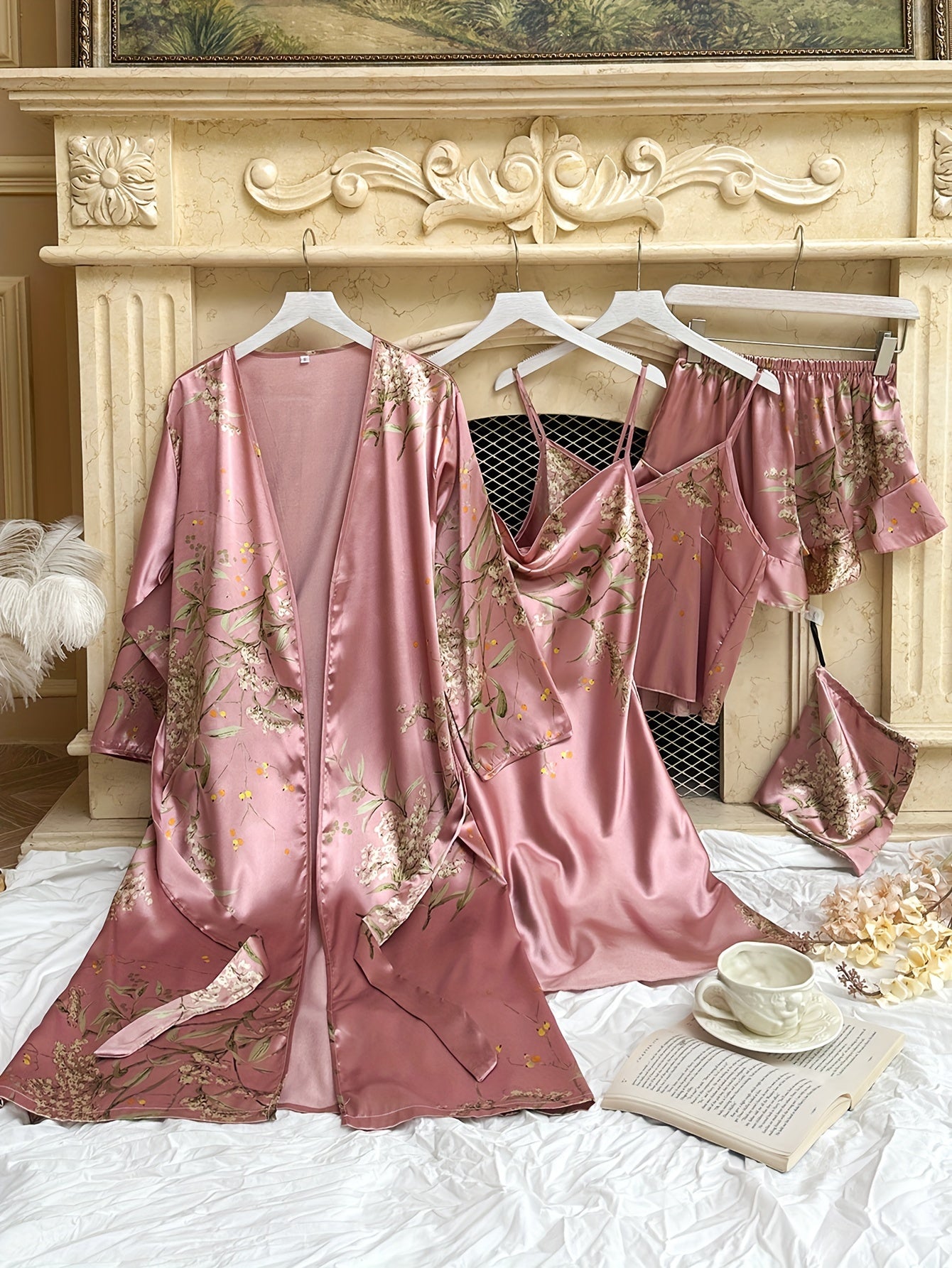 5pcs Cherry Blossom Satin Robe Pajama Set