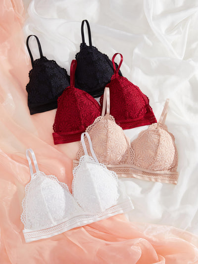 4pcs Contrast Lace Wireless Bra