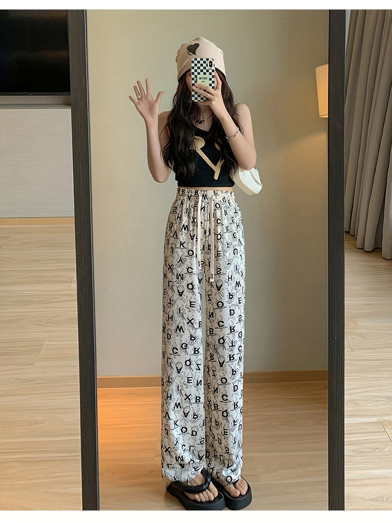 Trendy Letter Print Straight Leg Pants Women