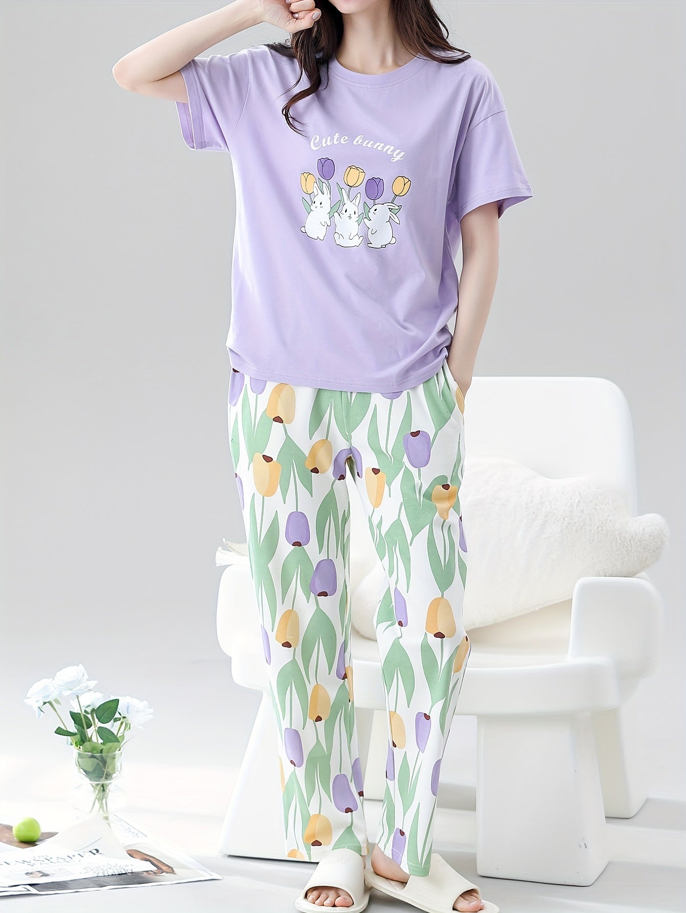 Cozy Cotton Pajama Set Floral Bunny