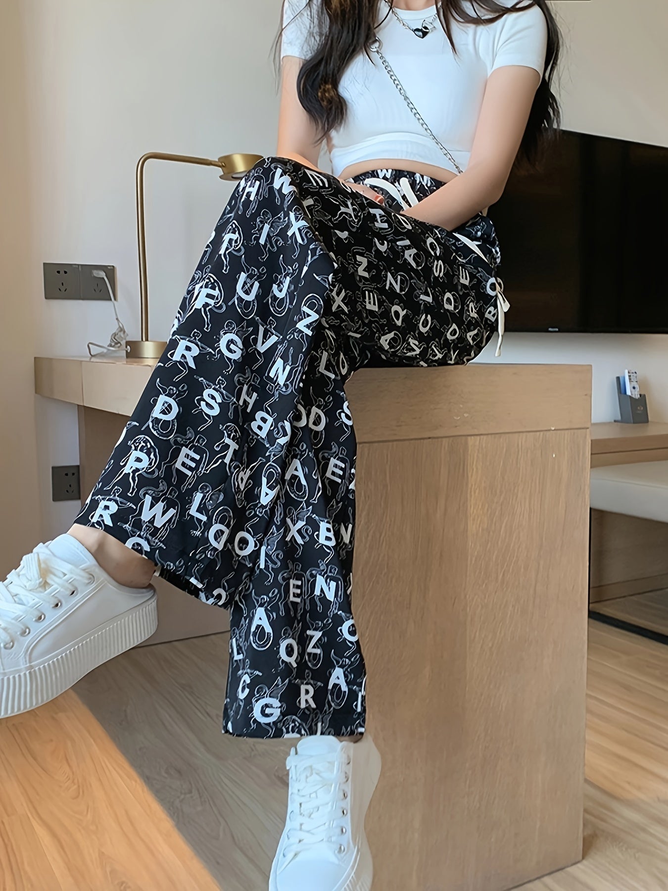 Trendy Letter Print Straight Leg Pants Women