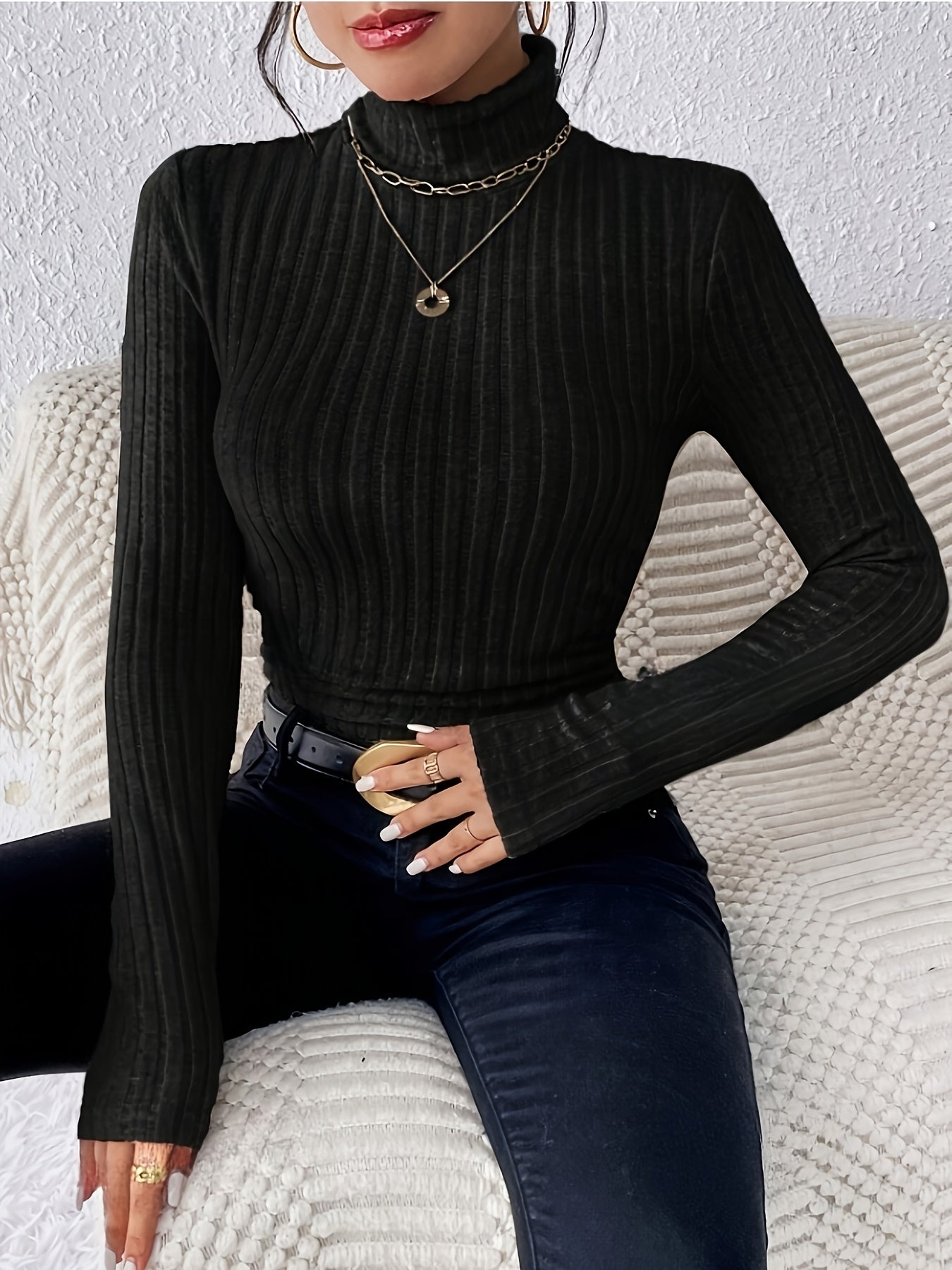 High-Neck Ribbed Long-Sleeve Top