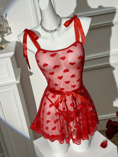 Red Heart Lace Babydoll Lingerie Set