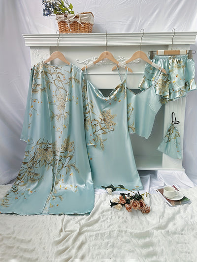 4pcs Floral Pajama Set with Robe