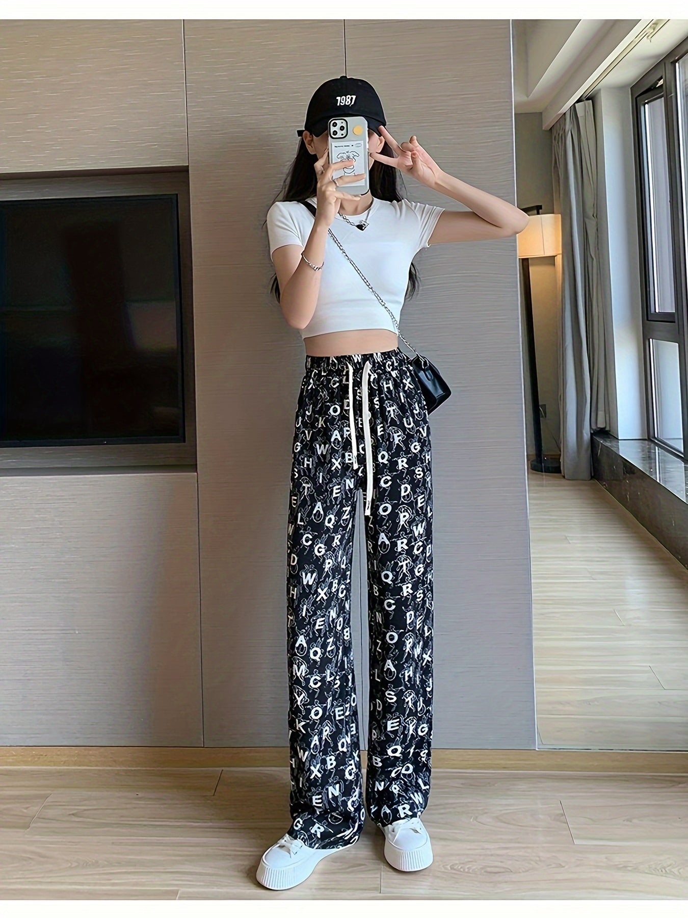 Trendy Letter Print Straight Leg Pants Women