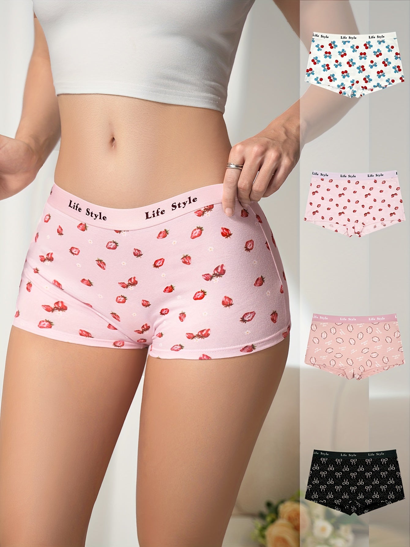 4pcs Fruit Print Boyshort Panties