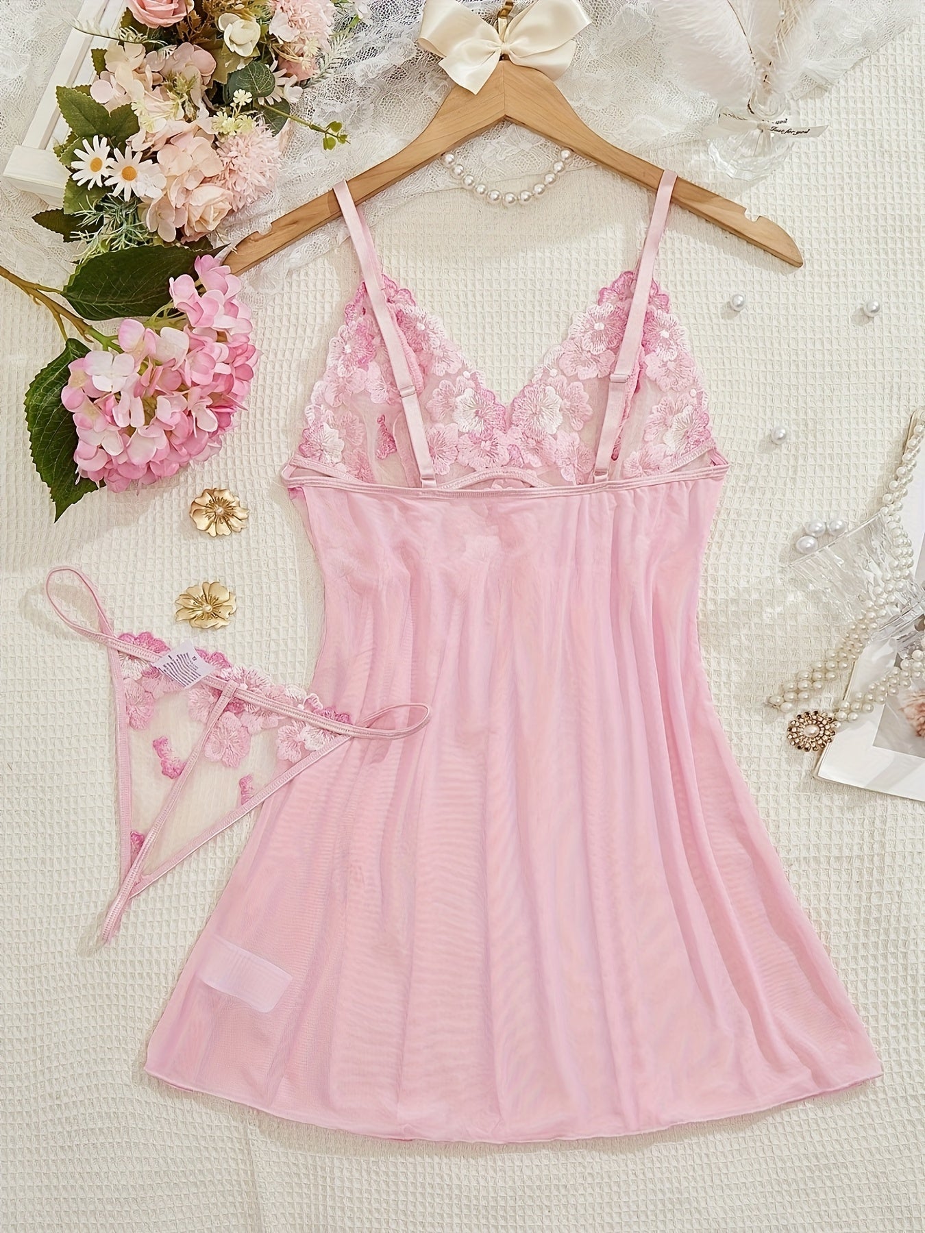 Floral Embroidery Mesh Babydoll Lingerie Set