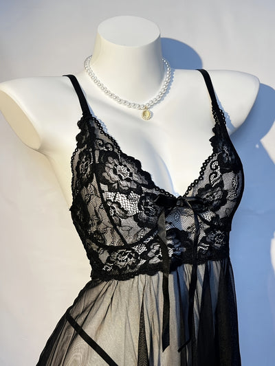 Sheer Lace-Trim Babydoll Lingerie Set