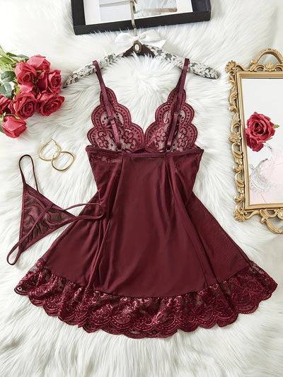 Sexy Lace Babydoll Pajama Set Burgundy