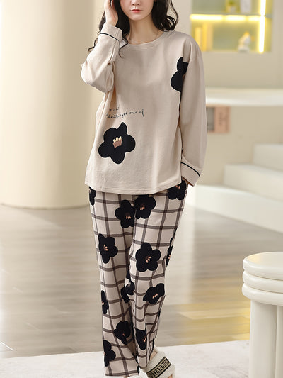 Floral Cotton Pajama Set Plaid Pants