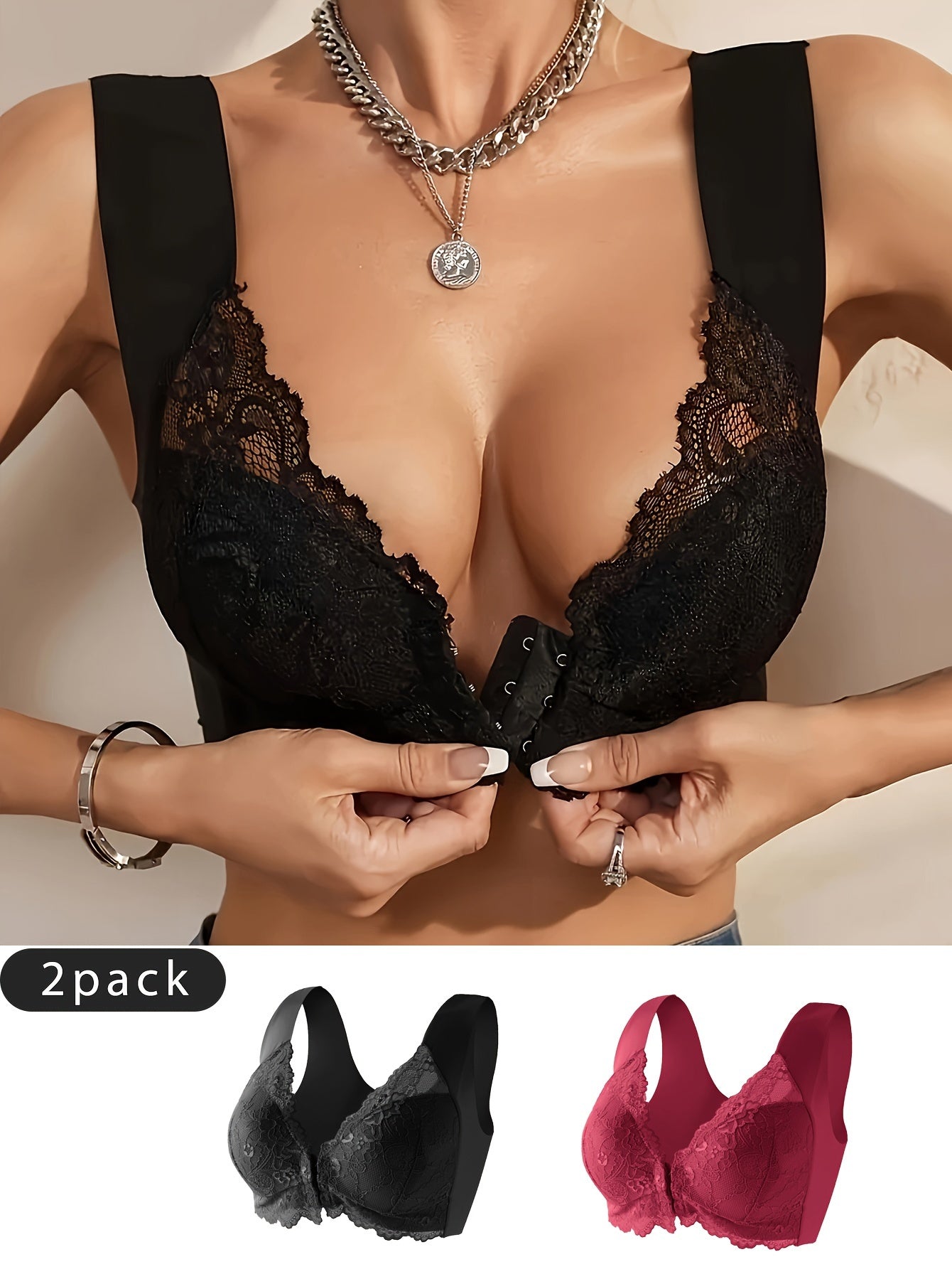 2PCS Front Opening Lace Bra