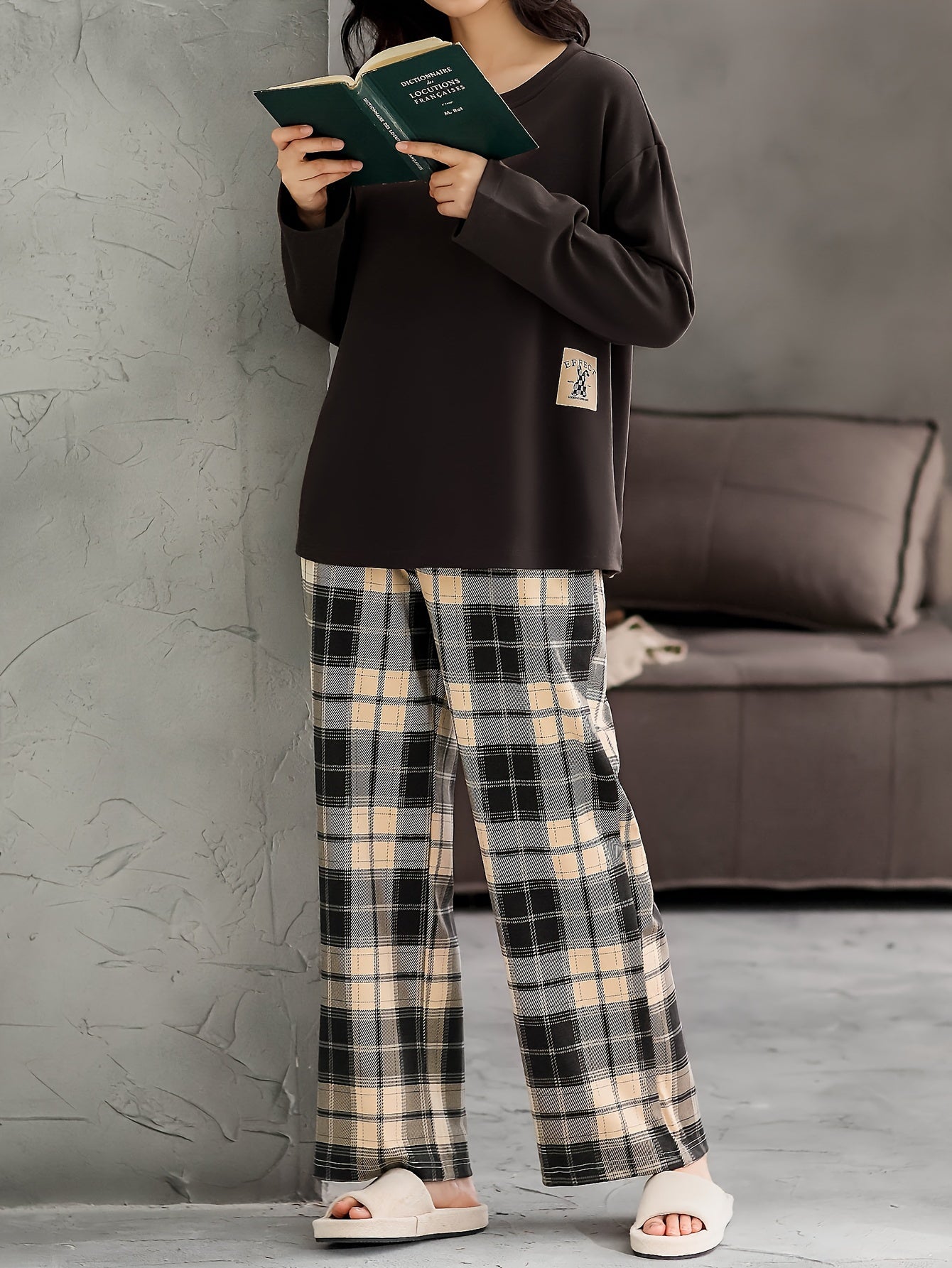 Cotton Pajama Set Built-In Bra Plaid Pants