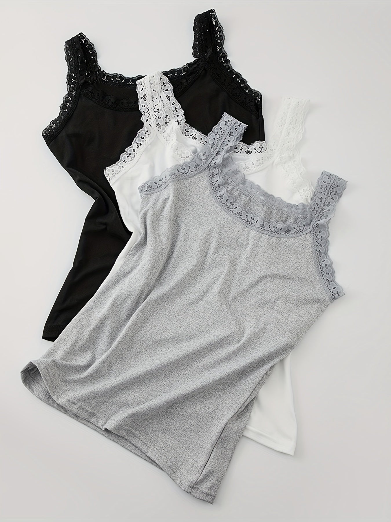 3pcs Lace Trim Elastic Camisole Tops