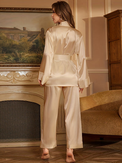 Beige Satin Robe & Pants Pajama Set