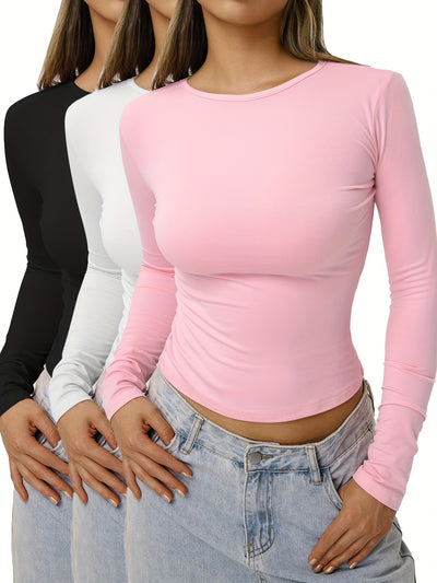 3pcs Solid Casual Round Neck T-Shirts