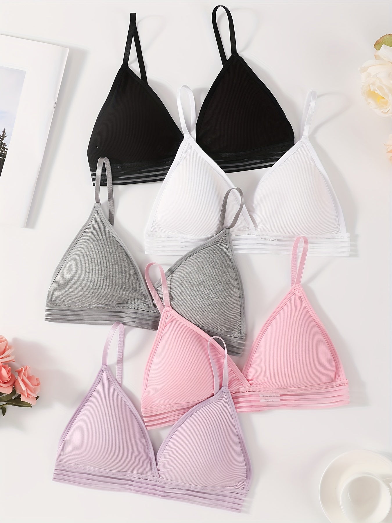 5PCS Ribbed Wireless Padded Bras