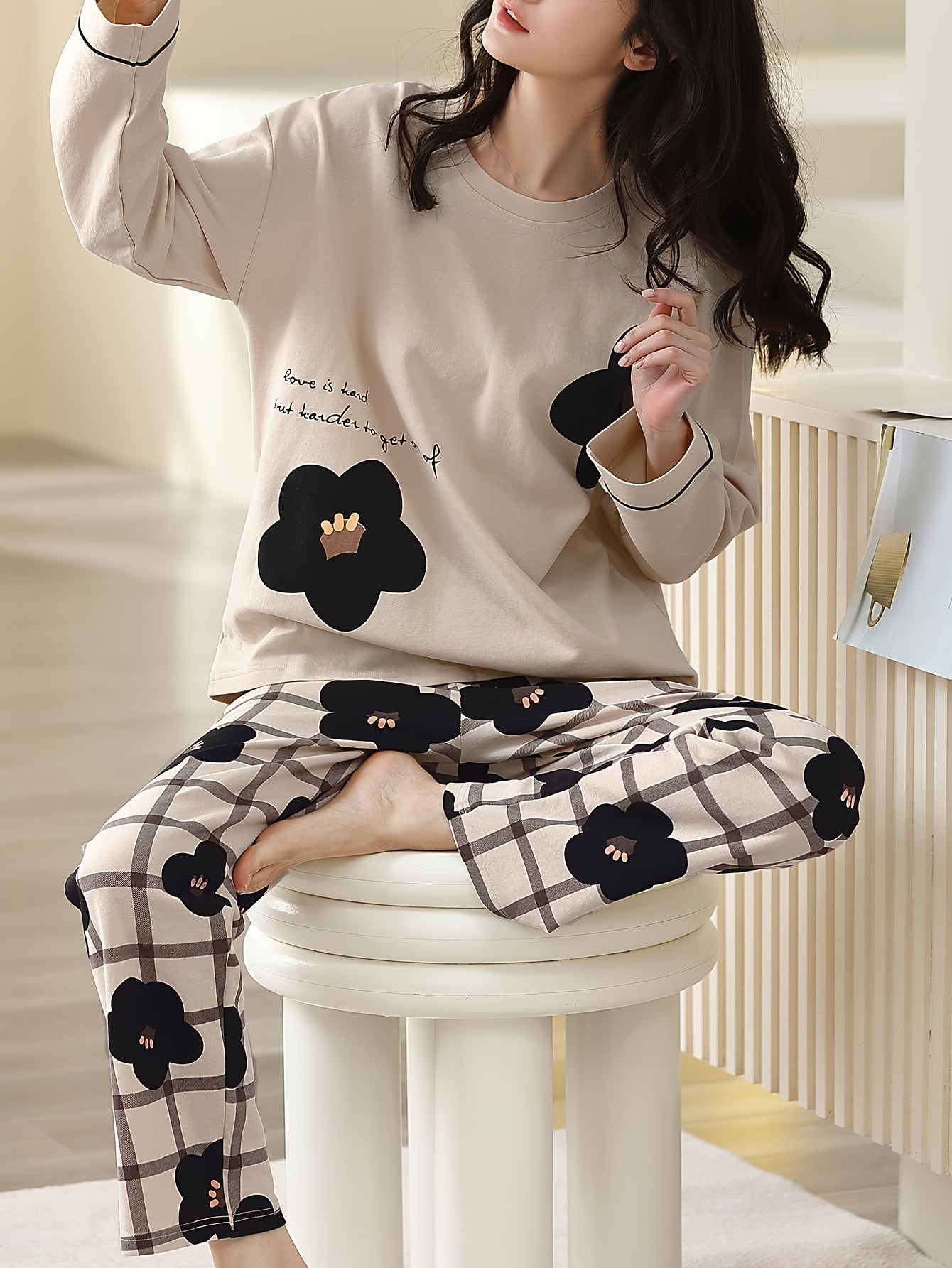 Floral Cotton Pajama Set Plaid Pants