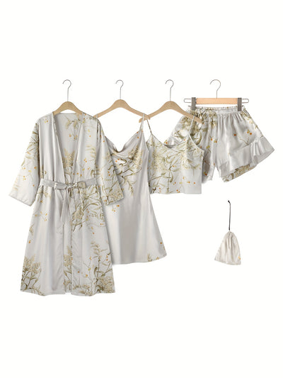 4pcs Floral Pajama Set with Robe