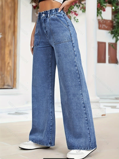 Elastic Waist Wide Leg Denim Cargo Pants