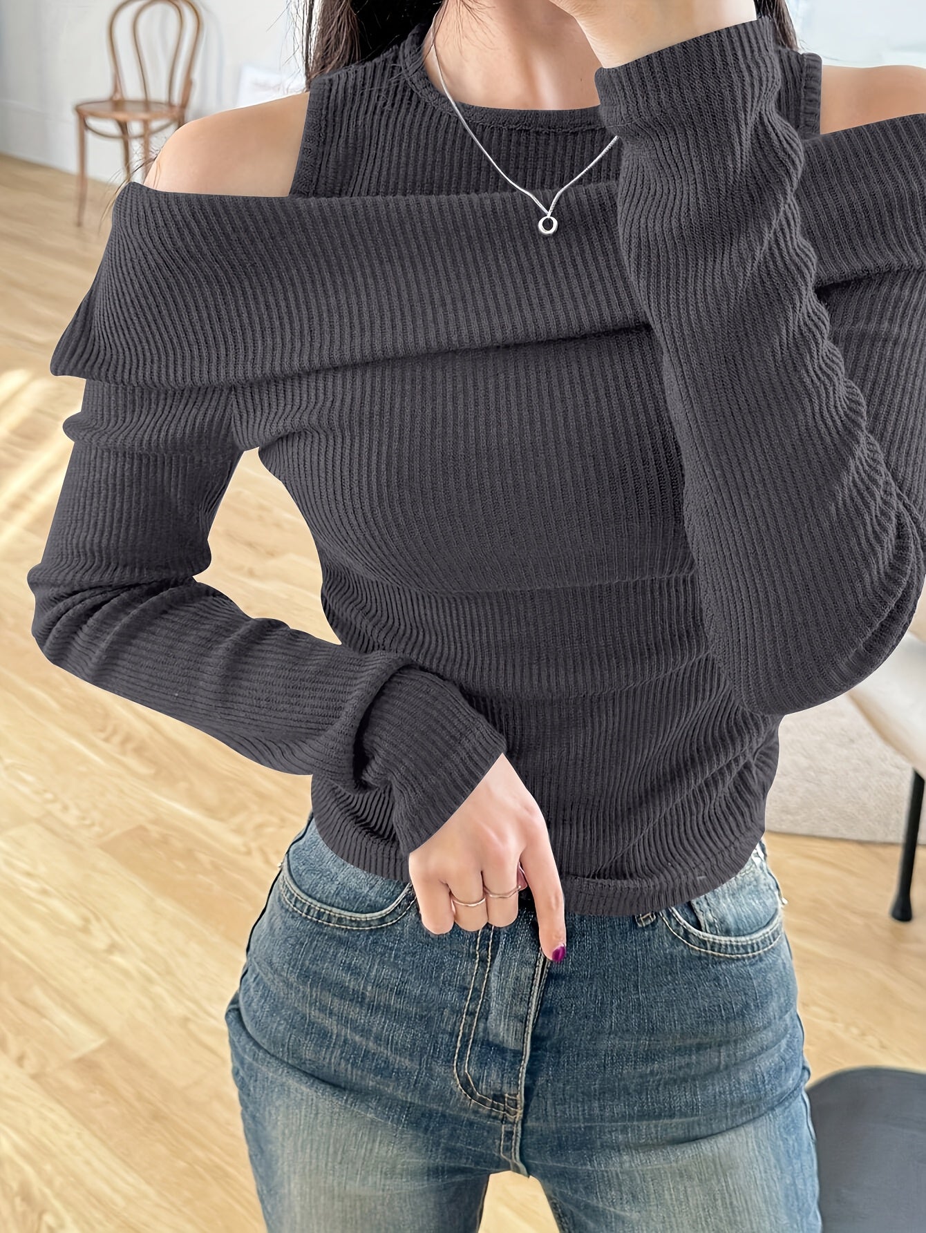 Off-Shoulder Knit Top Solid Color